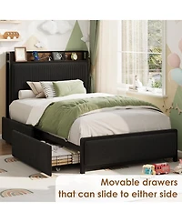 gaomon Bed Frame 2 Storage Drawers Charging Station Linen Upholstered Platform Headboard Heavy Duty Noise Free No Box Spring