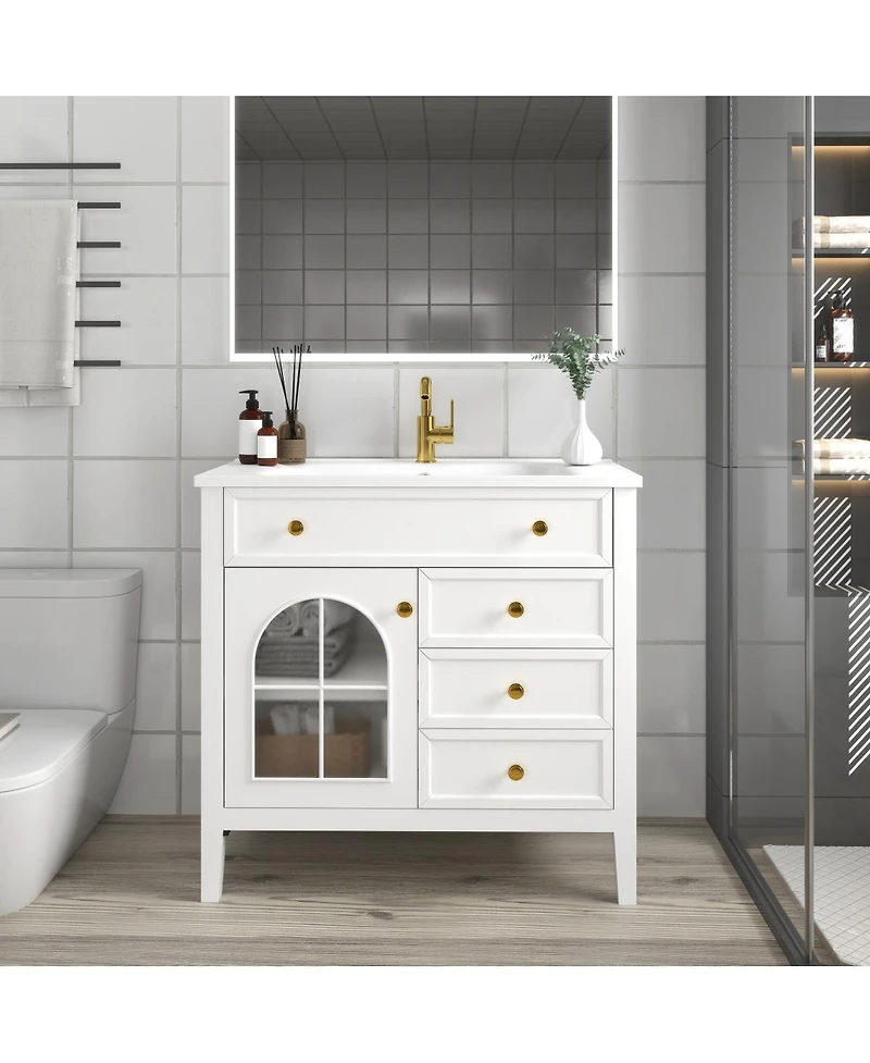 Sillysis Bathroom Vanity with Sink, Medieval Glass Doors, Motion Sensor Lighting, Flip Drawer & Adjustable Storage for Modern Homes