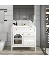 Sillysis Bathroom Vanity with Sink, Medieval Glass Doors, Motion Sensor Lighting, Flip Drawer & Adjustable Storage for Modern Homes