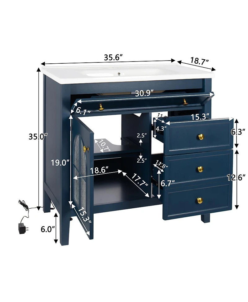 Sillysis Bathroom Vanity with Sink, Medieval Glass Doors, Motion Sensor Lighting, Flip Drawer & Adjustable Storage for Modern Homes