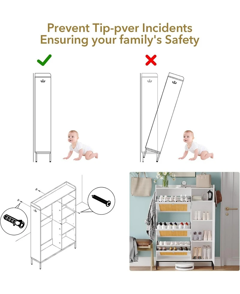 gaomon Shoe Cabinet with 3 Flip-out Drawers Natural Rattan Freestanding Shoe Organizer with 4 Open Shelves Side Cabinet Hidden Wood Shoe Rack