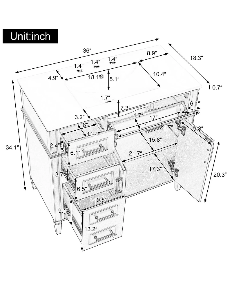 Sillysis Bathroom Vanity with Sink, Modern Cabinet 4 Soft-Close Drawers & Adjustable Shelf, Ample Storage