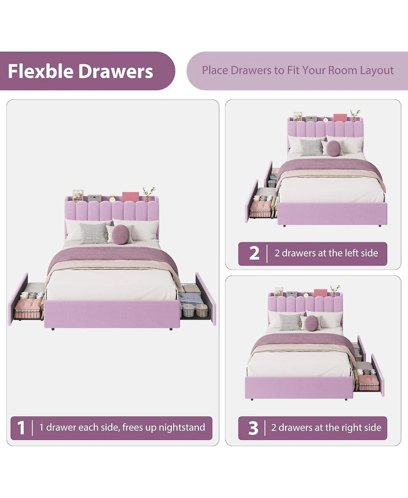 gaomon Full Boucle Upholstered Platform Bed Wavy Headboard Storage Bookcase 2 Drawers No Box Spring