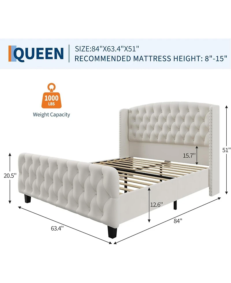 gaomon Bed Frame with Deep Button Tufted Wingback Headboard and Footboard, Velvet Upholstered Platform Bed Frame, No Box Spring Needed