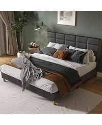gaomonUpholstered Platform Bed Frame with 12-Panel Padded Headboard, Linen Fabric, Wood Slats Support, No Box Spring Needed, Quiet Structure