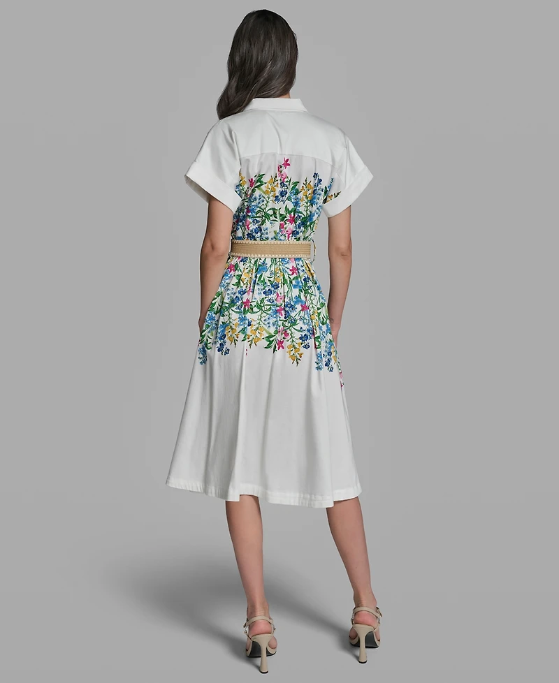 Karl Lagerfeld Paris Petite Floral Collared Neck Belted Dress