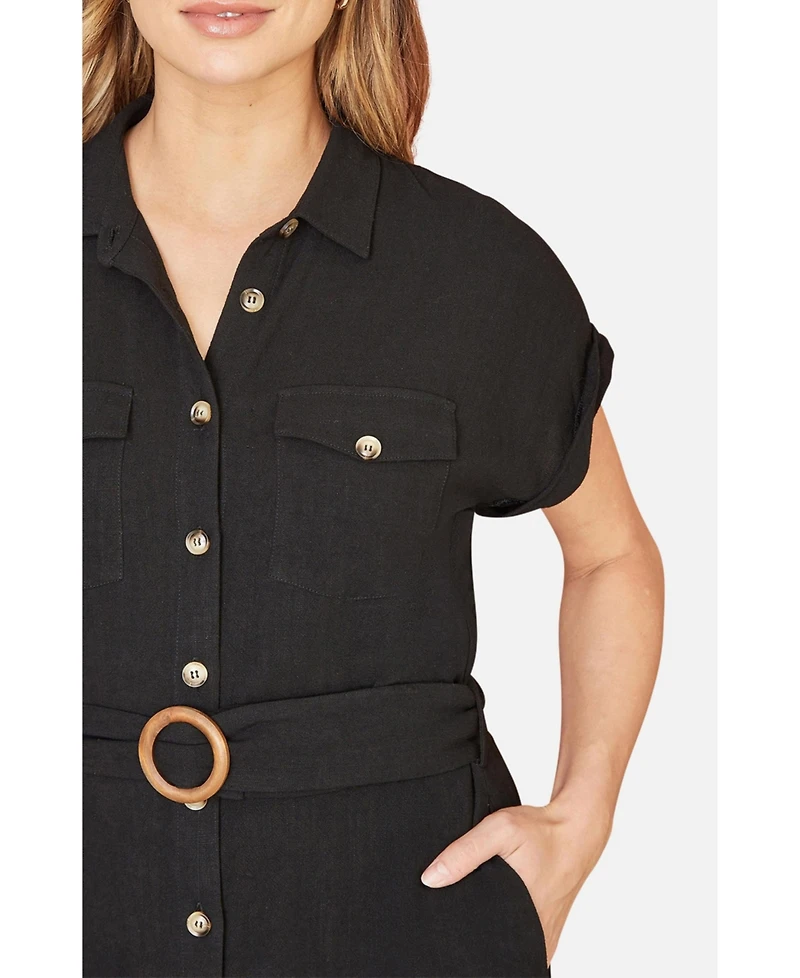 Yumi Women's Viscose Linen Look Midi Shirt Dress