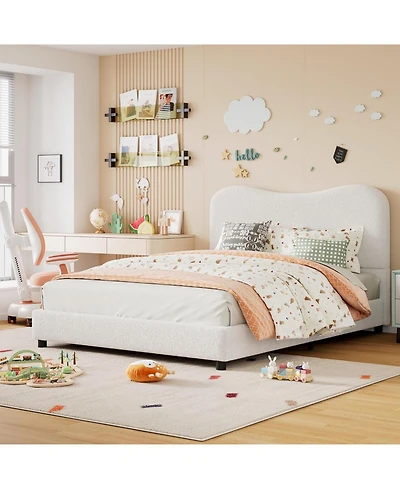 gaomon Upholstered Platform Bed Frame with Boucle Headboard and Low-Profile Heavy Duty Wooden Slats