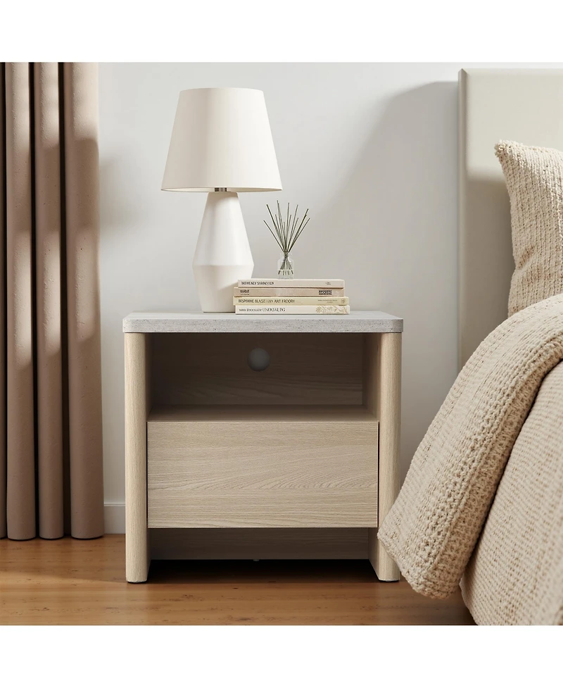 LuxenHome Snowy Oak Nightstand & End Table with Storage, Faux Travertine Top, Durable Manufactured Wood