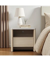 LuxenHome Snowy Oak Nightstand & End Table with Storage, Faux Travertine Top, Durable Manufactured Wood