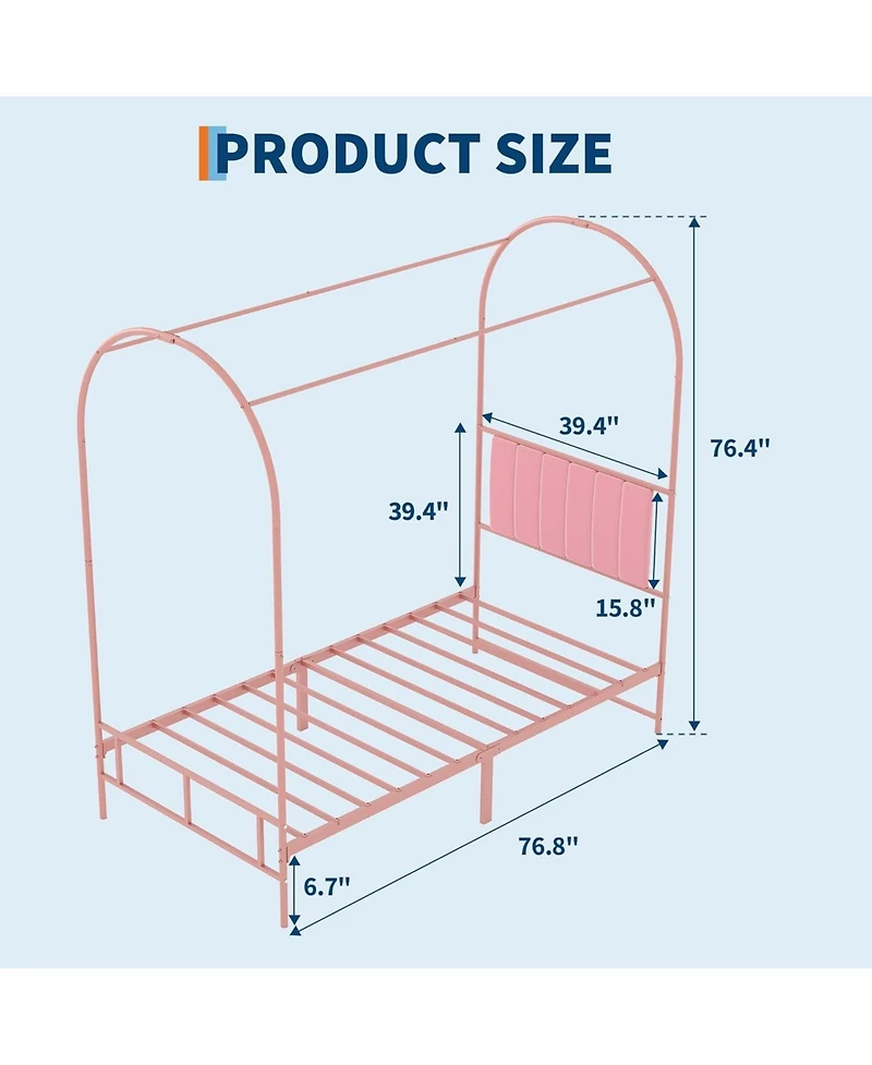 gaomon Twin Canopy Bed Frame Upholstered Headboard Arched Metal Under-Bed Storage Decorative Platform No Box Spring