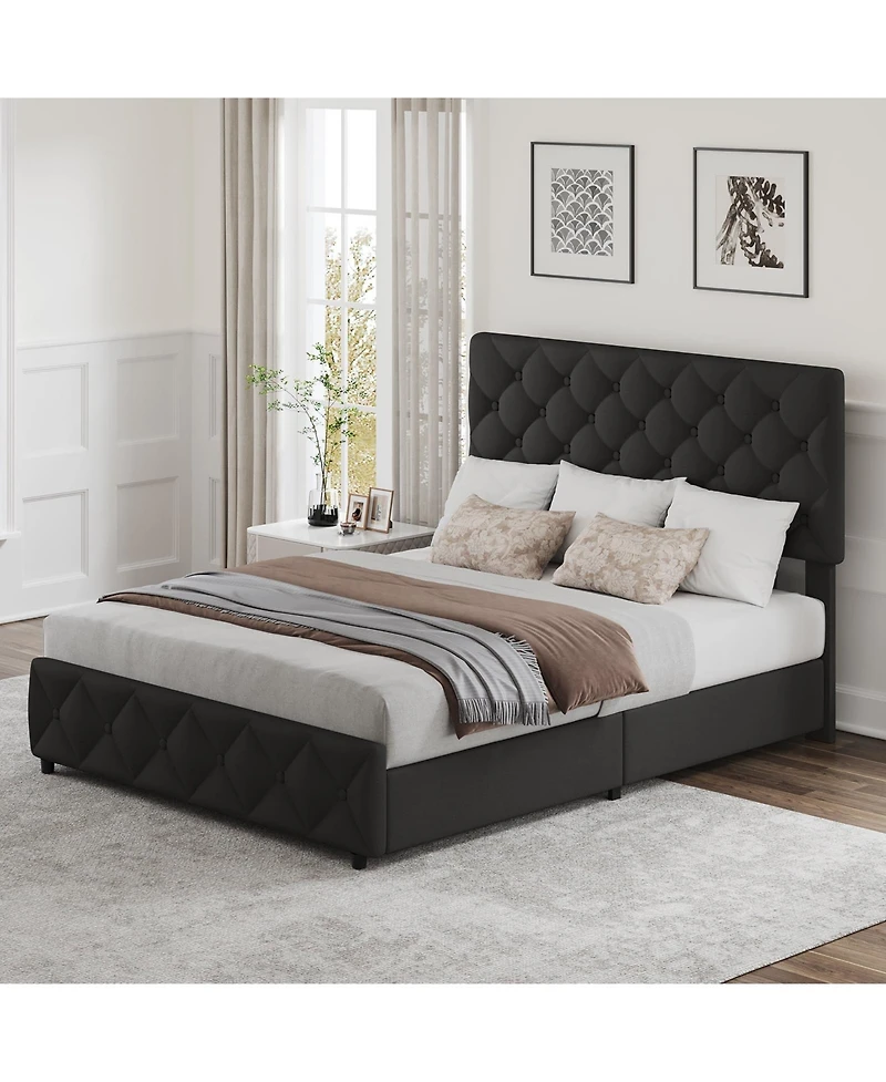 gaomon Full Bed Frame Adjustable Headboard 4 Storage Drawers Linen Upholstered Platform Diamond Tufted No Box Spring