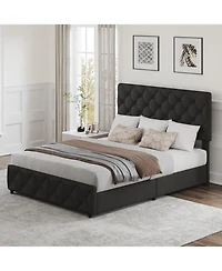 gaomon Full Bed Frame Adjustable Headboard 4 Storage Drawers Linen Upholstered Platform Diamond Tufted No Box Spring