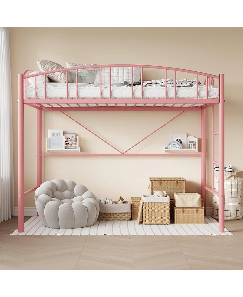 gaomon Twin Loft Bed-Heavy Duty Metal Frame-Arched Guardrail Safety Ladder-Space Saving Compact Bedroom Frame