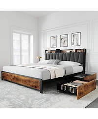 gaomon Linen Upholstered Platform Bed 4 Drawers Charging Station Vintage Headboard Wooden Slats No Box Spring Easy Assembly