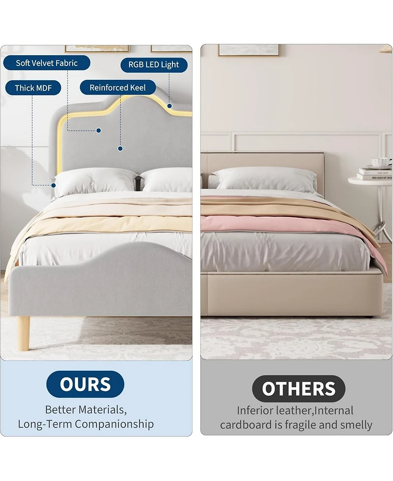gaomon Bed Frame Adjustable Led Headboard Velvet Upholstered Princess Platform Wooden Slats No Box Spring