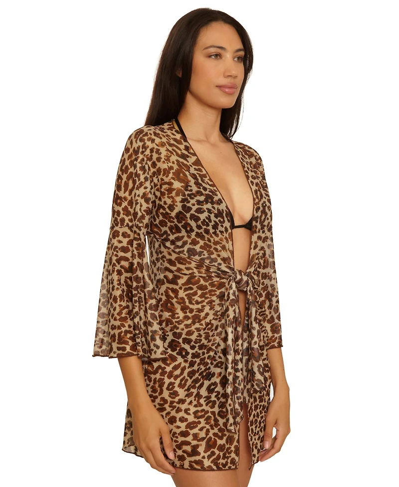 Becca Women's Safari Leopard Mesh Tie-Front Cover-Up Tunic