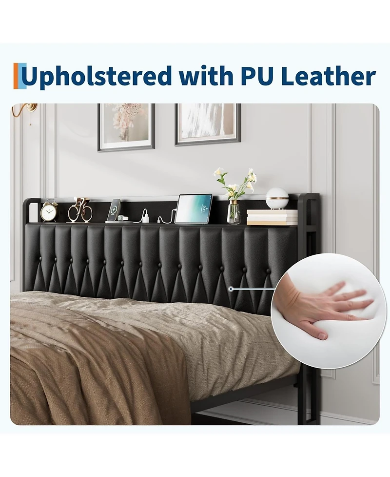 gaomon TrailBlaze Contemporary Metal Platform Bed Frame – Pu Faux Leather Headboard – Built-in Charging Station – 12" Underbed Storage.