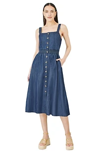 Yumi Women's Chambray Cotton Ruched Midi Sun Dress