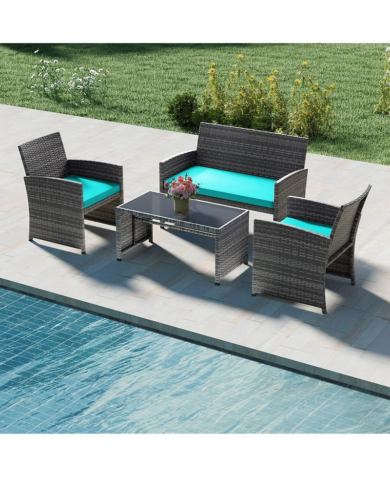 Gymax 4PCS Patio Outdoor Conversation Set w/Seat Cushions and Tempered Glass Tabletop
