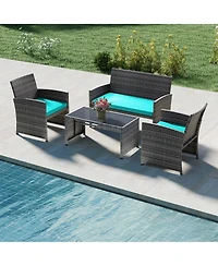 Gymax 4PCS Patio Outdoor Conversation Set w/Seat Cushions and Tempered Glass Tabletop