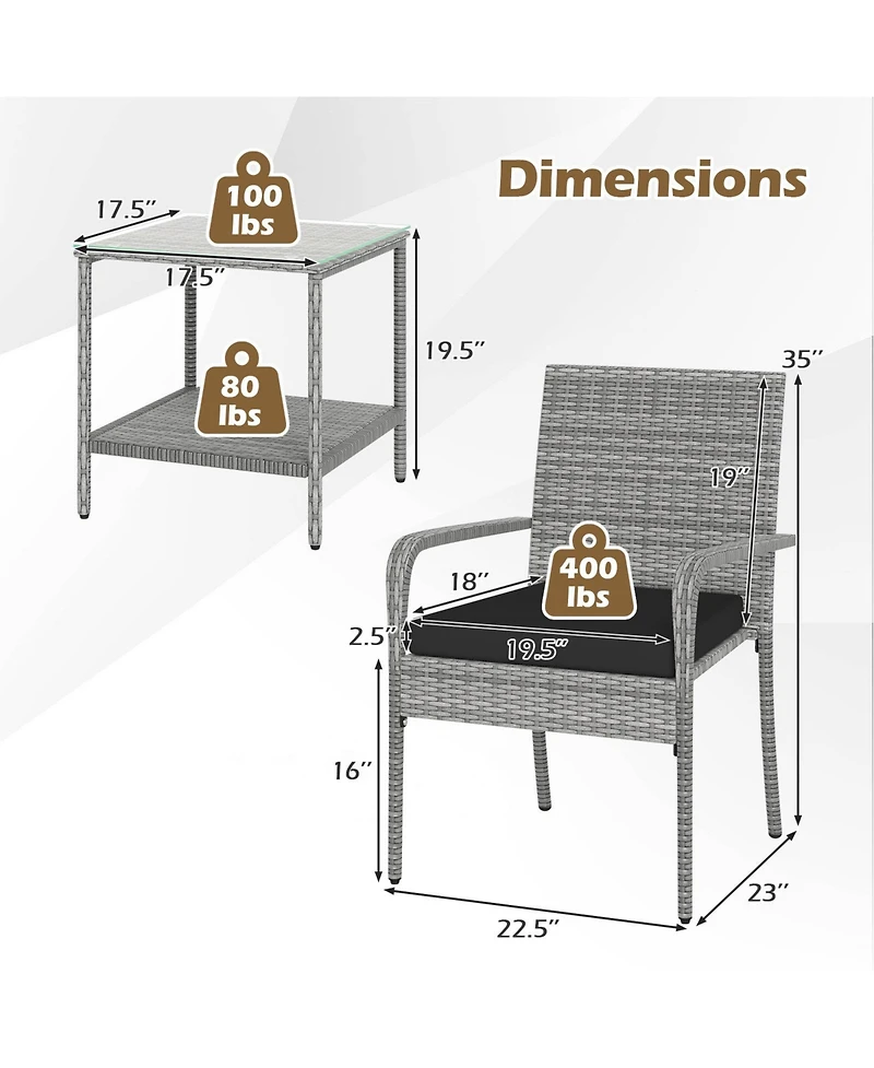 Gymax 3 Pieces Patio Furniture Set Pe Rattan Porch Chairs w/ 2-Tier Table