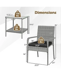Gymax 3 Pieces Patio Furniture Set Pe Rattan Porch Chairs w/ 2-Tier Table