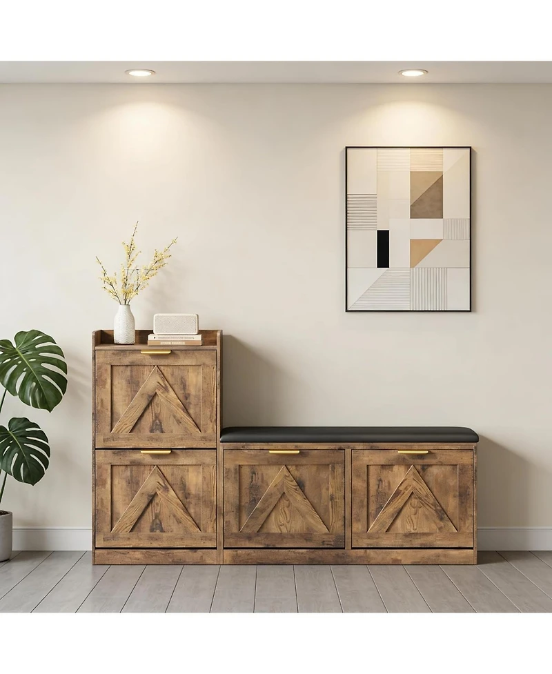 gaomon Farmhouse Shoe Cabinet with Bench 4 Flip Drawers Entryway Shoe Storage Organizer with Comfort Cushioned Seat Freestanding Shoe Rack