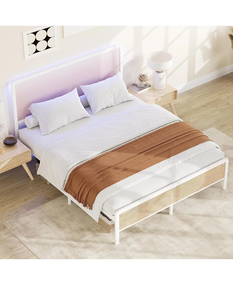 gaomon Queen Size Bed Frame with Led Rattan Headboard Heavy Duty Metal Slats Platform No Box Spring Easy Assembly