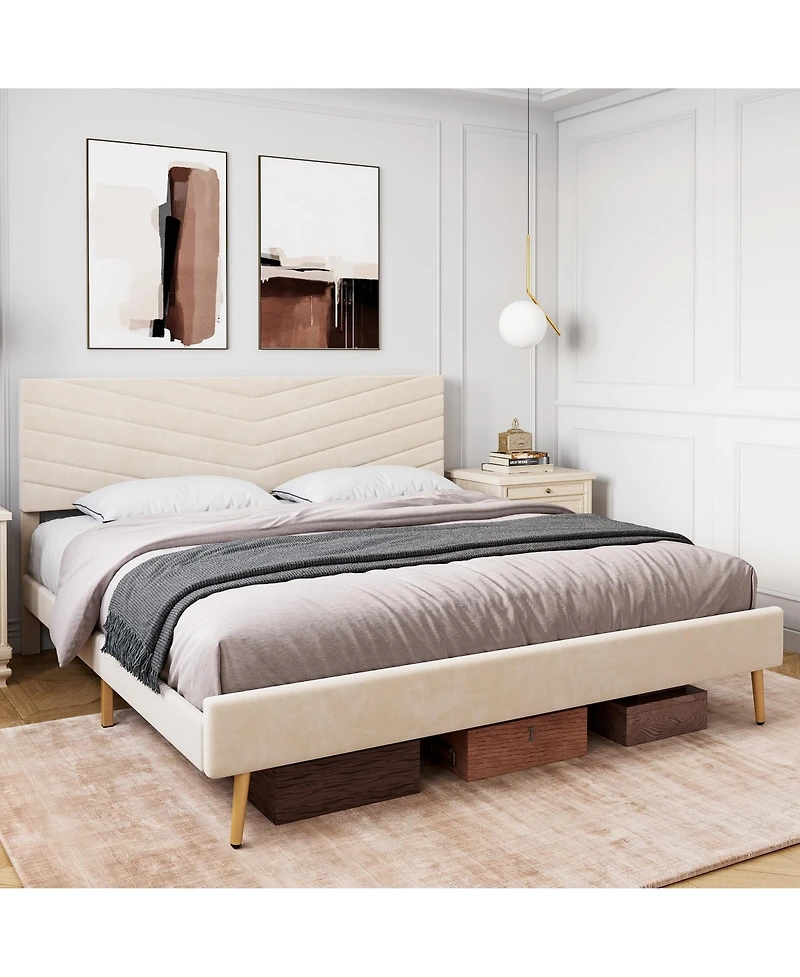 gaomon Bed Frame Velvet Upholstered Platform Adjustable Headboard Solid Wood Slats Support No Box Spring Easy Assembly Noise Free.