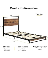 gaomon 6 Inch Metal Platform Bed Frame Wooden Headboard Footboard Rustic Brown No Box Spring Quiet Sturdy Mattress Foundation