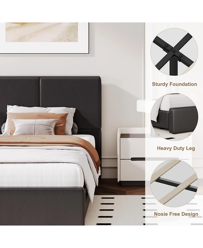 gaomon Upholstered Platform Bed Frame with 2 Storage Drawers, Faux Leather Low Profile Bed Base with Wood Slat Support