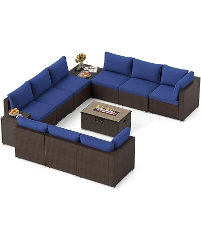 Gymax 12 Pcs Outdoor Patio Wicker Sectional Sofa Set w/ 32'' Propane Fire Pit Table Tank Holder