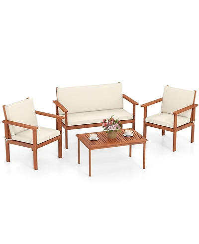 Gymax 4 Pieces Patio Furniture Set Acacia Wood Porch Chairs Table