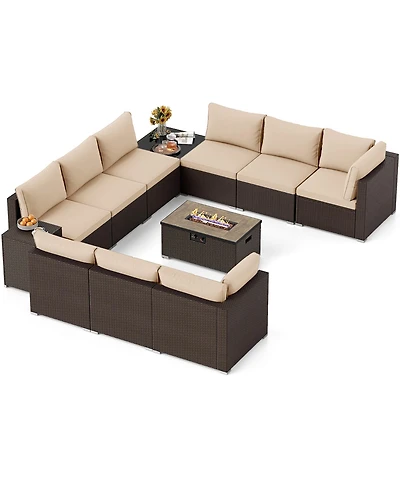 Gymax 12 Pcs Outdoor Patio Wicker Sectional Sofa Set w/ 32'' Propane Fire Pit Table Tank Holder