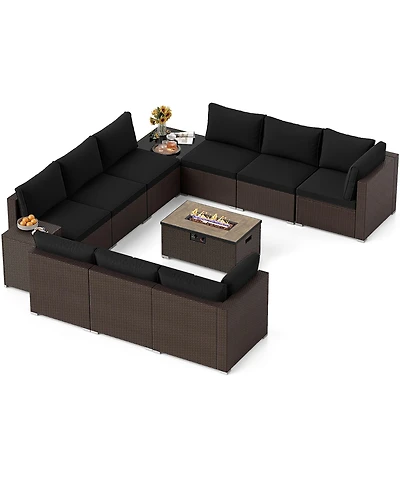 Gymax 12 Pcs Outdoor Patio Wicker Sectional Sofa Set w/ 32'' Propane Fire Pit Table Tank Holder