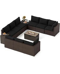 Gymax 12 Pcs Outdoor Patio Wicker Sectional Sofa Set w/ 32'' Propane Fire Pit Table Tank Holder