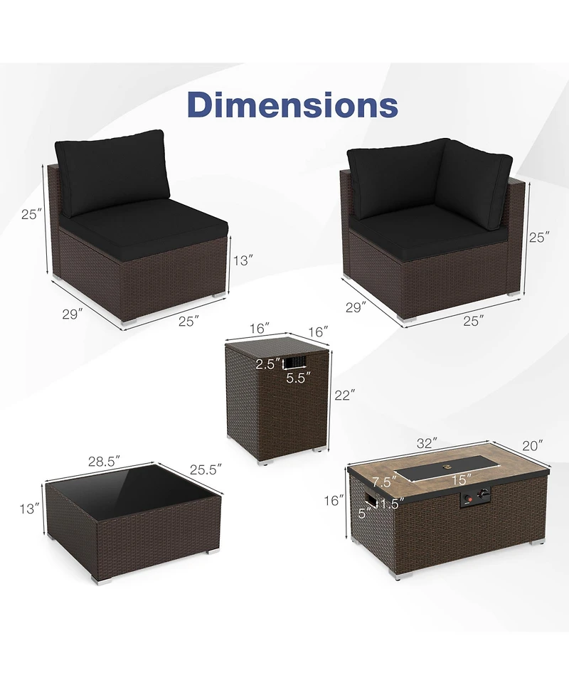 Gymax 12 Pcs Outdoor Patio Wicker Sectional Sofa Set w/ 32'' Propane Fire Pit Table Tank Holder