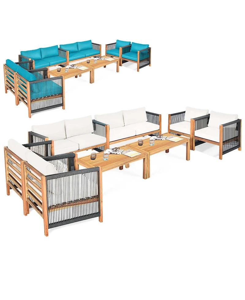 Gymax Set Of 8 Wood Outdoor Patio Furniture Set w/Cushions, Cushion Cover Sets