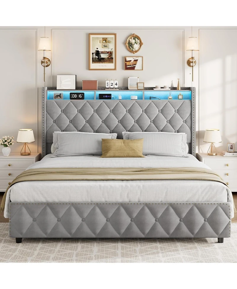 gaomon Pu Leather Upholstered Bed Frame with 4 Storage Drawers, Usb Charging Station & Led Lights