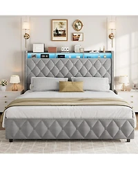gaomon Pu Leather Upholstered Bed Frame with 4 Storage Drawers, Usb Charging Station & Led Lights
