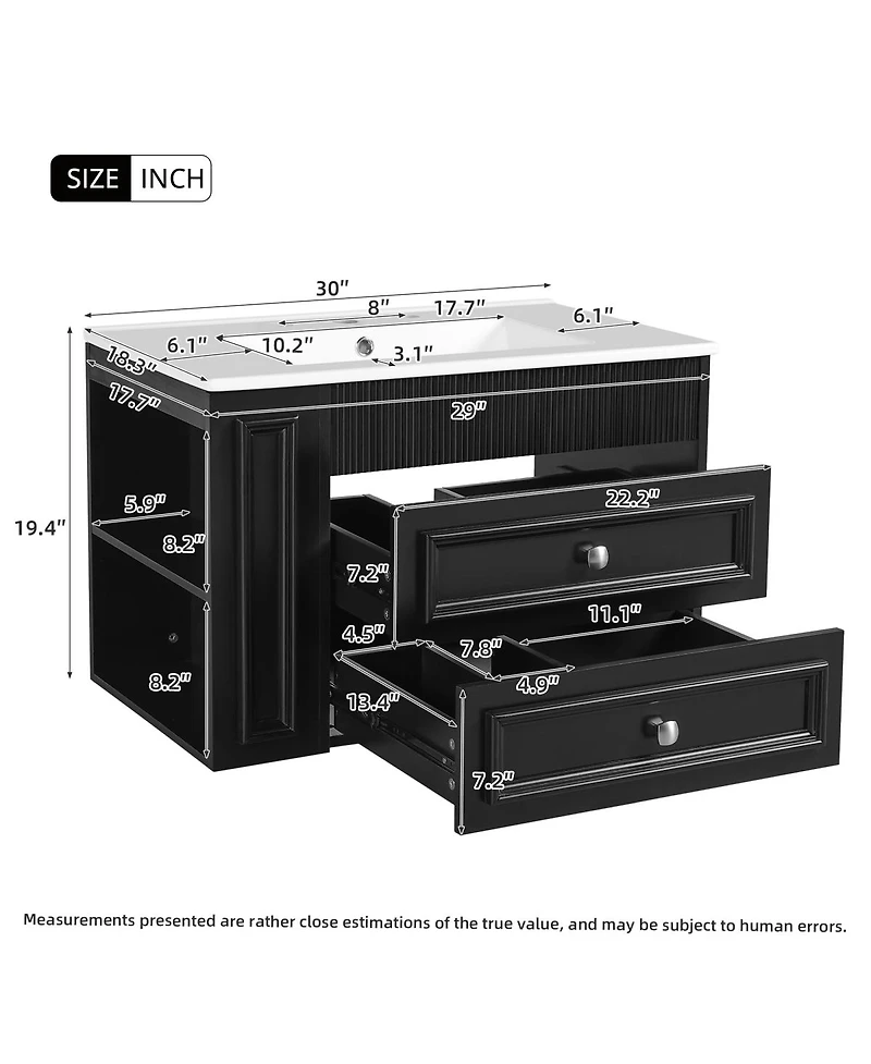 Sillysis 30" Wall Mounted Bathroom Vanity with Sink, Modern Mdf Cabinet, 2 Drawers and Open Shelves for Small Spaces
