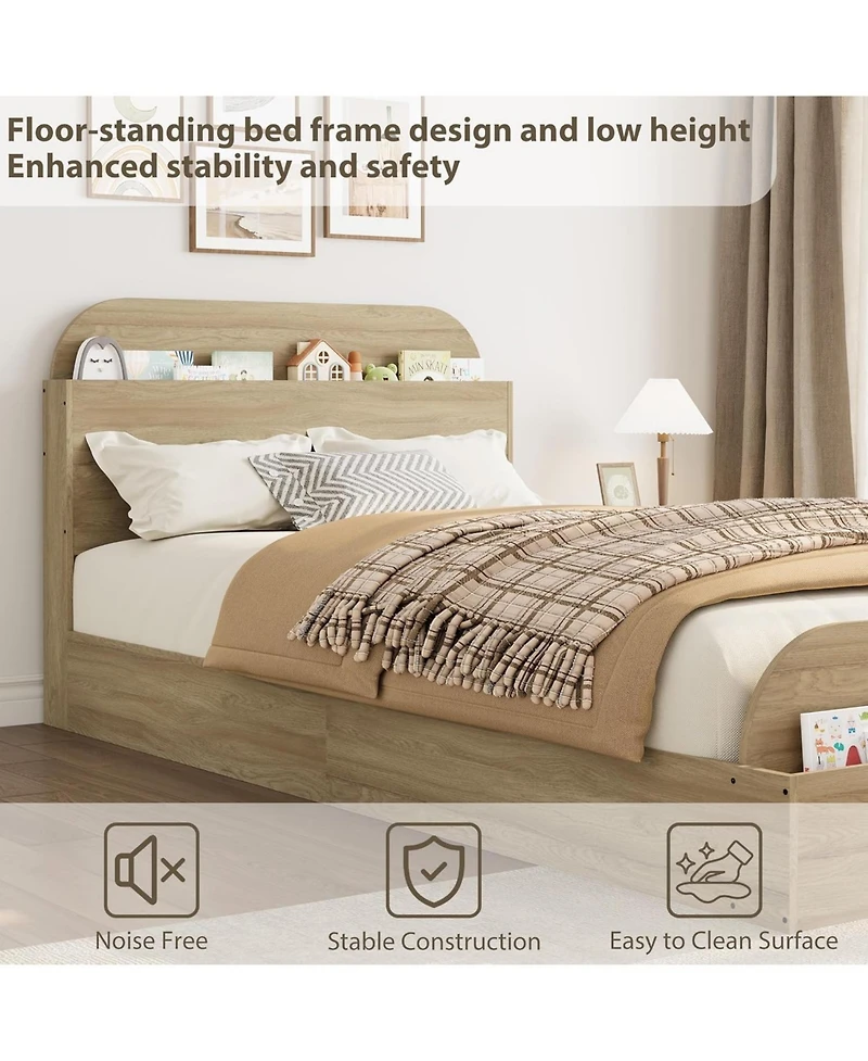 gaomon Bed Frame Wooden Storage Headboard Low Platform Sturdy Slats No Box Spring Space-Saving