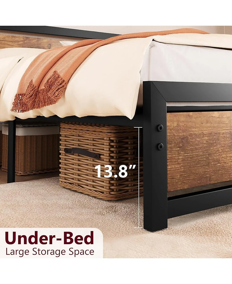 gaomon Bed Frame Metal Platform with Wooden Headboard Footboard Non-Slip Under Storage Noise-Free No Box Spring.