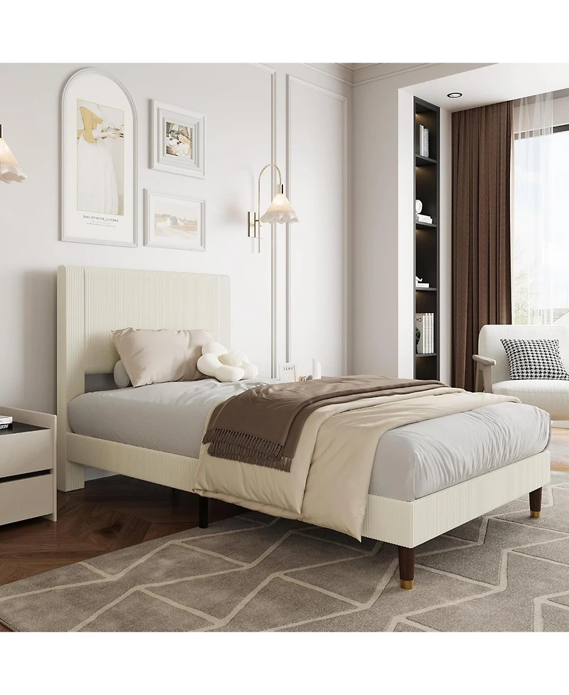 gaomon Upholstered Platform Bed Fabric Headboard Wooden Metal Slats Noise-Free Easy Assembly No Box Spring