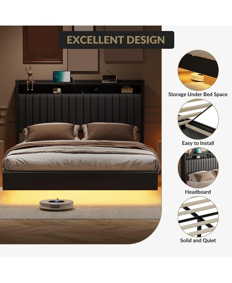 gaomon Floating Bed Frame Queen Rgb Led Lights Charging Station 50" Leather Headboard Upholstered Storage No Box
