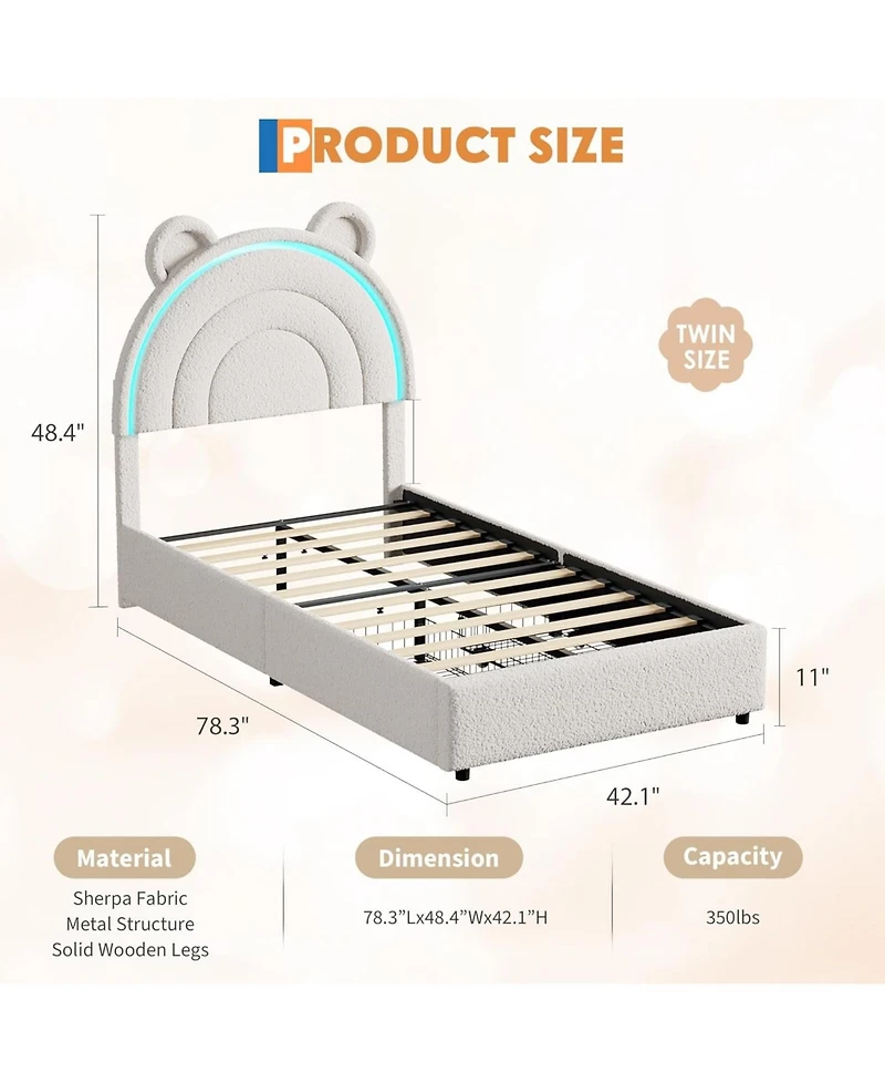 gaomon Princess Bed Frame with 4 Storage Drawers Led Lights Velvet Upholstered Rainbow Headboard Solid Wood Slats No Box Spring Needed