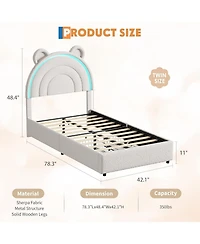 gaomon Princess Bed Frame with 4 Storage Drawers Led Lights Velvet Upholstered Rainbow Headboard Solid Wood Slats No Box Spring Needed