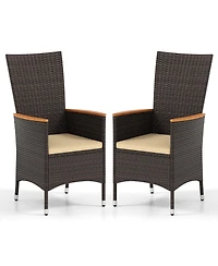 Gymax Patio Rattan Chairs 2 Pcs w/High Backrest and Acacia Wood Armrests Cushion