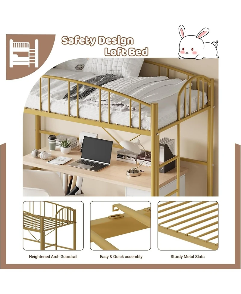 gaomon Loft Bed Twin with Ladde and Arched Guardrail, Heavy Duty Metal Frame for Kids Adults, Sturdy Steel Slats Support
